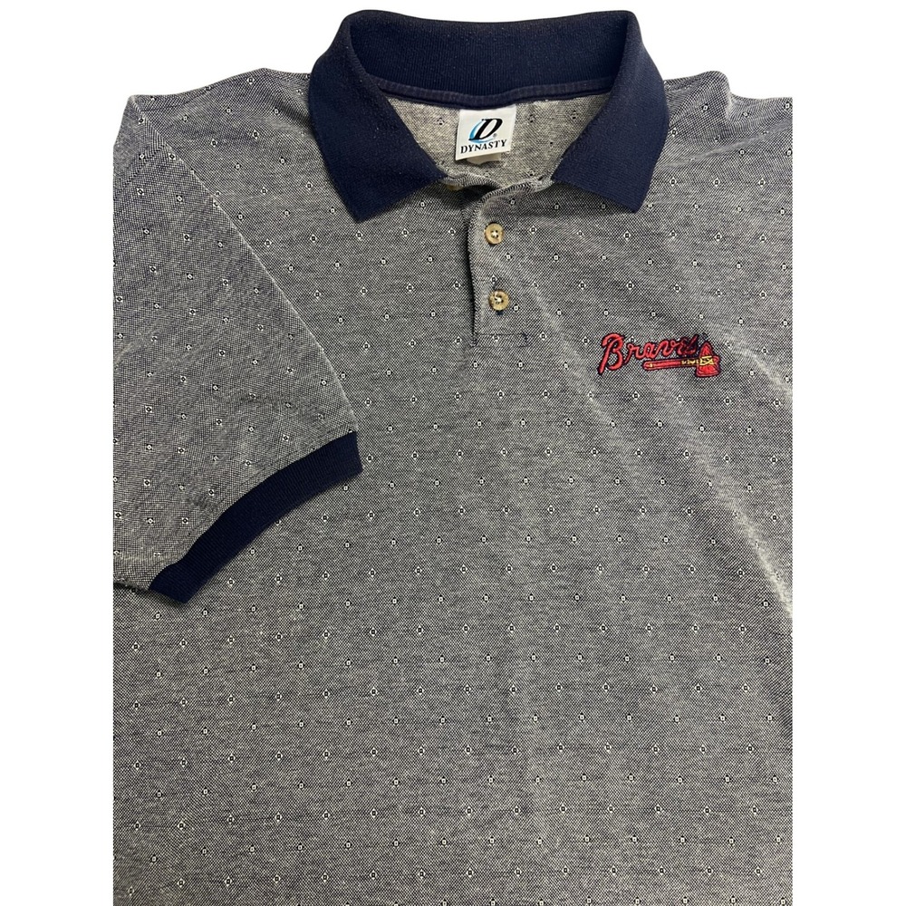 Vintage Atlanta Braves MLB Polo Shirt Mens Navy Blue Geometric Knit Tomahawk XXL